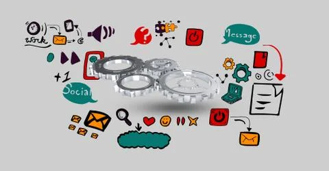 Digitally generated image of gears amidst various icons イラスト素材