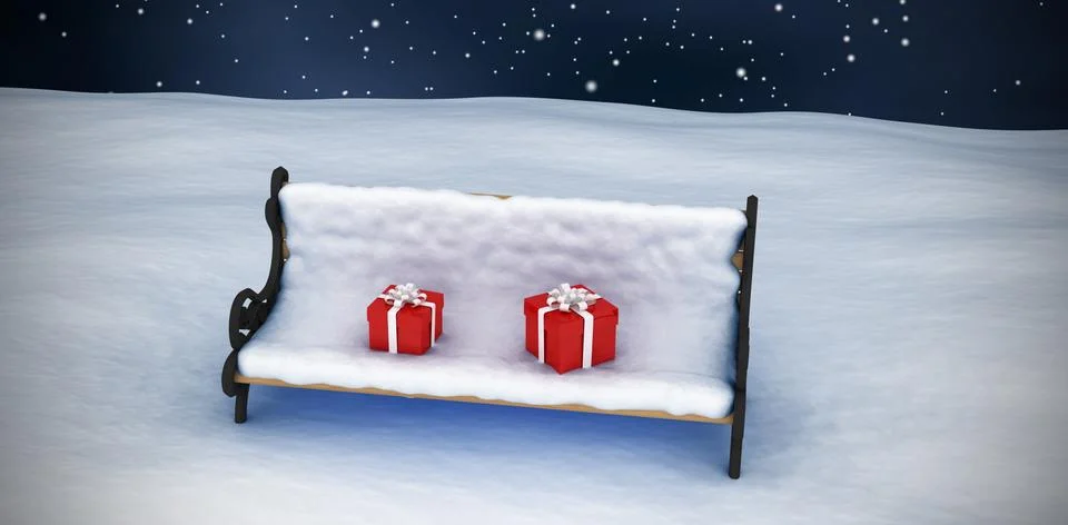 Digitally generated image of gift boxes on snow covered chair against blue sk Stock-Illustration