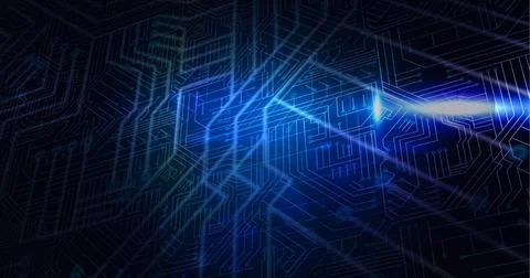 Digitally generated image of glowing blue microprocessor connections against 스톡 사진