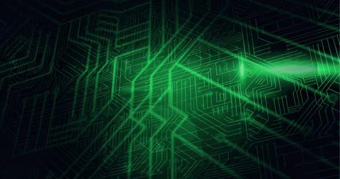 Digitally generated image of glowing green microprocessor connections against Stockfoto's