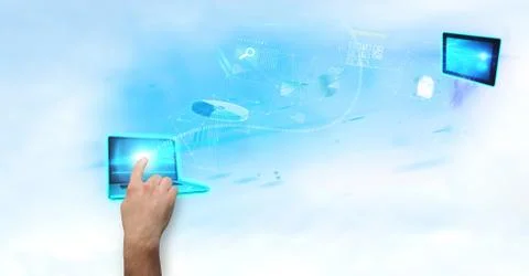 Digitally generated image of hand touching laptop screen with various icons in Foto stock