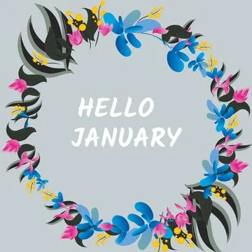 Digitally generated image of hello january text banner against floral wreath on Stock Photos