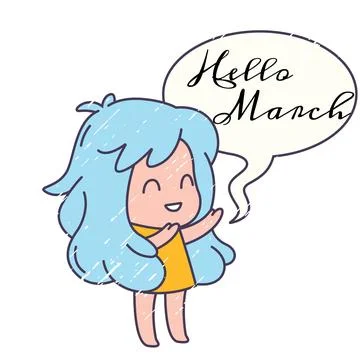 Digitally generated image of hello march text banner and girl icon against white 库存照片