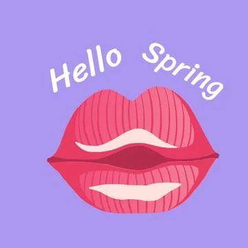 Digitally generated image of hello spring text banner and pink lips icon against Stockillustratie