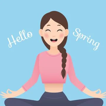 Digitally generated image of hello spring text and woman meditating icon against Stockillustratie