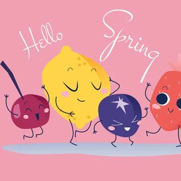 Digitally generated image of hello spring text banner and fruits icons against Stockillustratie