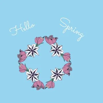 Digitally generated image of hello spring text and colorful flower icon against Stock Photos