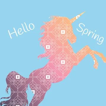 Digitally generated image of hello spring text banner and unicorn icon against Stock Photos