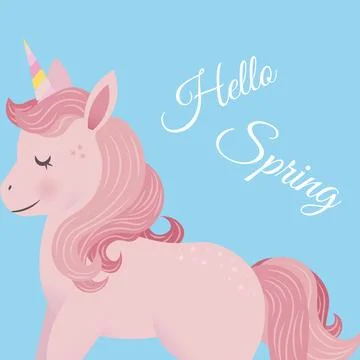 Digitally generated image of hello spring text banner and unicorn icon against Stock Photos