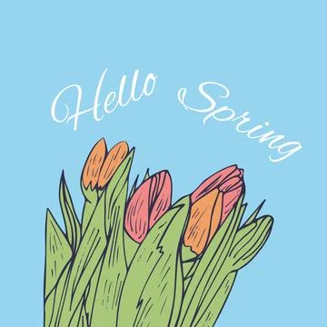Digitally generated image of hello spring text and bunch of flowers icon against Stock Photos