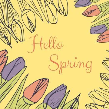 Digitally generated image of hello spring text and multiple flower icon against Stock Photos