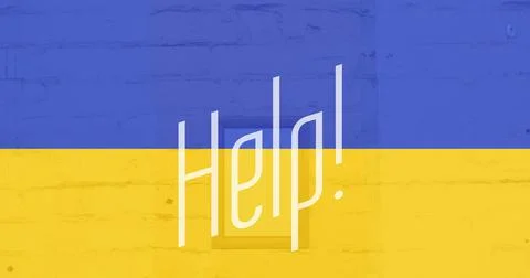 Digitally generated image of help text banner against ukrainian flag design Stock Illustration