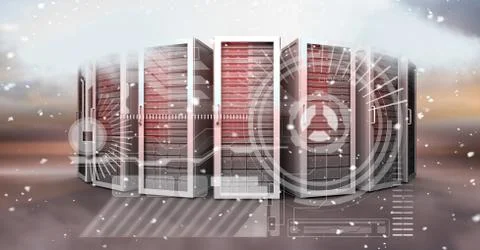 Digitally generated image of icons and servers in sky Stockillustratie