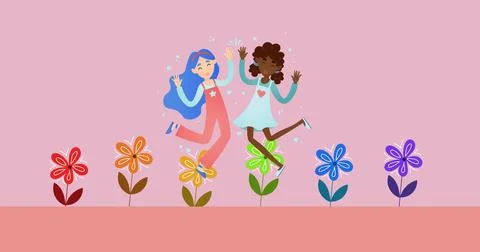 Digitally generated image of lesbian couple jumping over flowers against pink Ilustração Stock