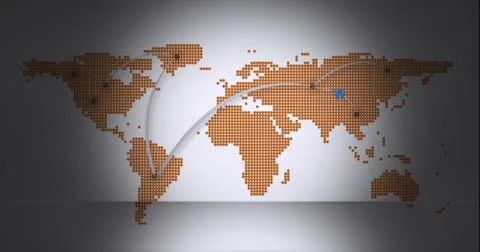 Digitally generated image of light trails over world map against grey background Stock Illustration