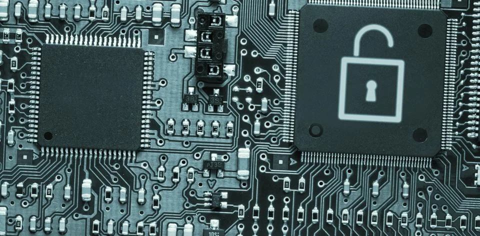 Digitally generated image of lock in circuit board Stockillustratie