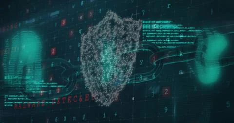 Digitally generated image of lock with shield, blockchain, numbers, letters and Illustrazione stock