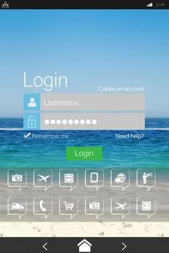 Digitally generated image of login window and text with various icons Stock Photos
