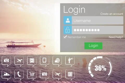 Digitally generated image of login window and text with various icons Stock Photos