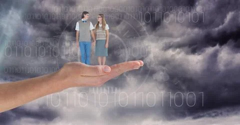 Digitally generated image of man and woman standing on hand against sky 스톡 사진