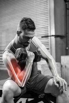 Digitally generated image of man doing excercise with dumbbells Stock Photos