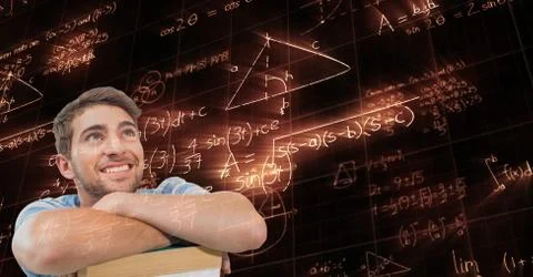 Digitally generated image of man looking at glowing mathematical equations Stock Photos