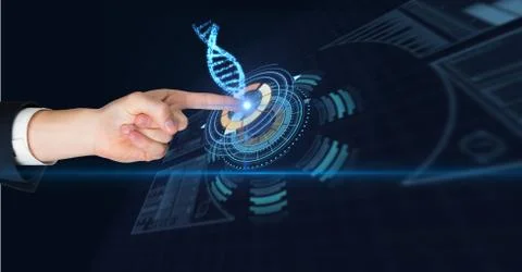 Digitally generated image of man touching futuristic screen Foto stock