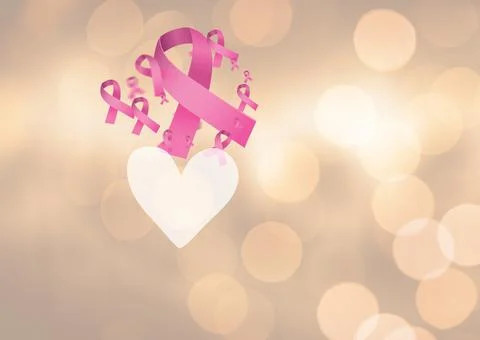 Digitally generated image of multiple pink ribbon and heart icon spots of light Stock Illustration