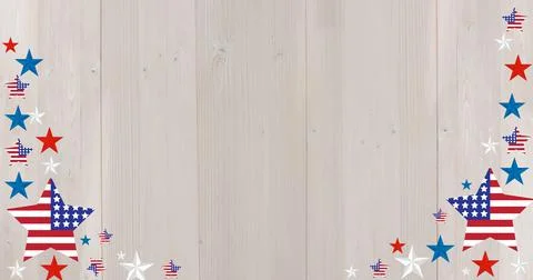 Digitally generated image of multiple stars on wooden background with copy space イラスト素材