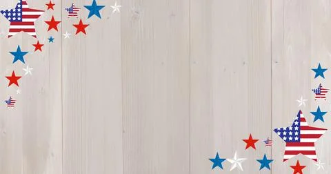 Digitally generated image of multiple stars on wooden background with copy space Illustrazione stock