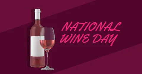 Digitally generated image of national wine day text by bottle and wineglass over Stock Illustration