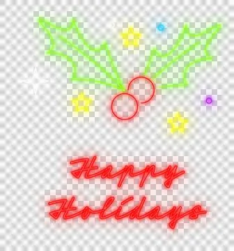 Digitally generated image of neon happy holidays text with mistletoe icon Stock Illustration