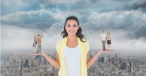 Digitally generated image of people standing on standing on woman palm against 写真素材