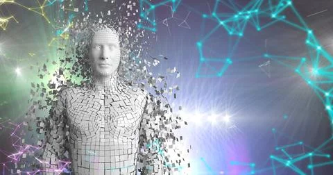 Digitally generated image of pixelated white male cyborg with big data and Stock Photos