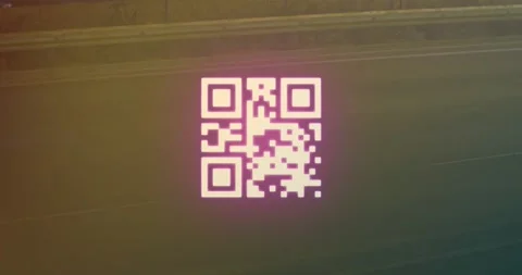 A digitally generated image of a qr code with neon elements flashing on a black Stock Footage 329123816