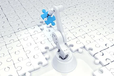 Digitally generated image of robot arranging puzzle Illustrazione stock