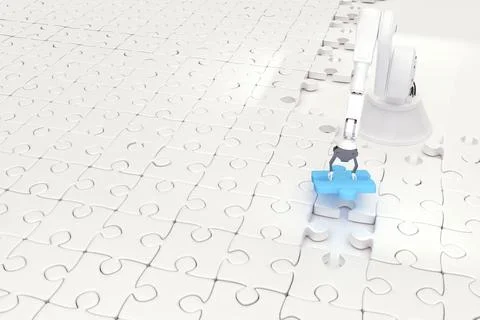Digitally generated image of robot setting up puzzle Illustrazione stock