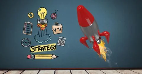 Digitally generated image of rocket flying by various icons against blue Illustrazione stock
