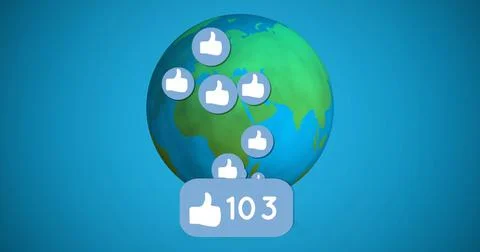 Digitally generated image of a rotating globe with likes increasing and like Stock Photos