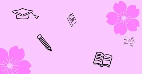 Digitally generated image of school supplies and flowers against pink Stock Illustration