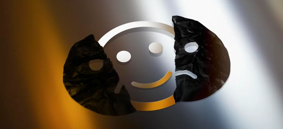 Digitally generated image of smiley face behind torn sad face against colored Stock Illustration