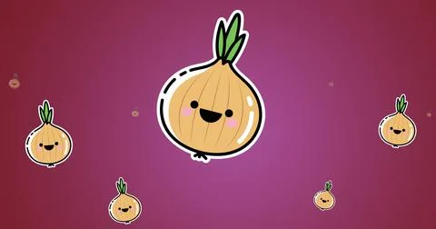 Digitally generated image of smiley face on onions against maroon background Stock Illustration