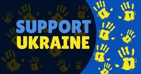 Digitally generated image of support ukraine text by yellow handprints on blue Stock Illustration