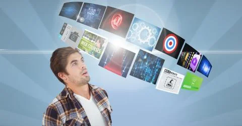 Digitally generated image of surprised man looking panels against patterned Stock Photos