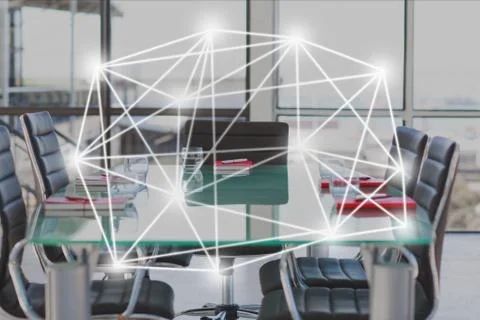 Digitally generated image of tech graphics in conference room Illustrazione stock
