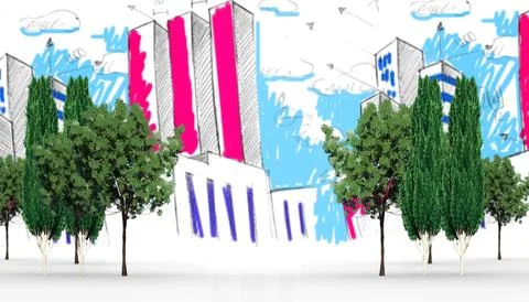 Digitally generated image of trees against building Ilustración de archivo