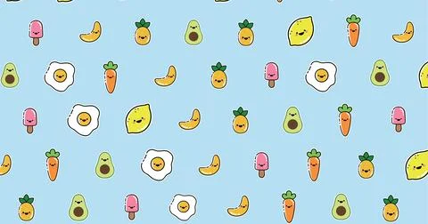 Digitally generated image of various food with smiley faces against blue Stock Illustration