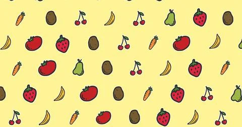 Digitally generated image of various fruits against yellow background, copy 스톡 일러스트