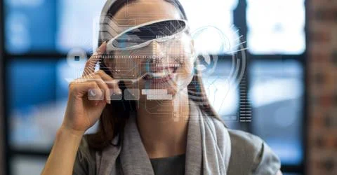 Digitally generated image of various icons with businesswoman using VR glasses Stock Photos