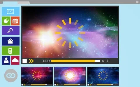 Digitally generated image of various video and icons displayed Stock Photos